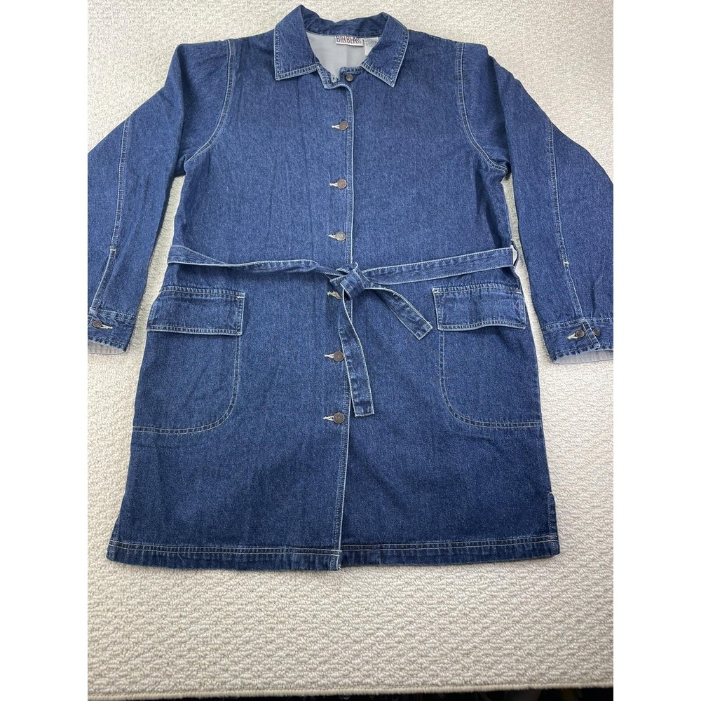 Vintage Bill Blass Denim Coat Women Large Blue 90s Cotton Belted Long Jacket